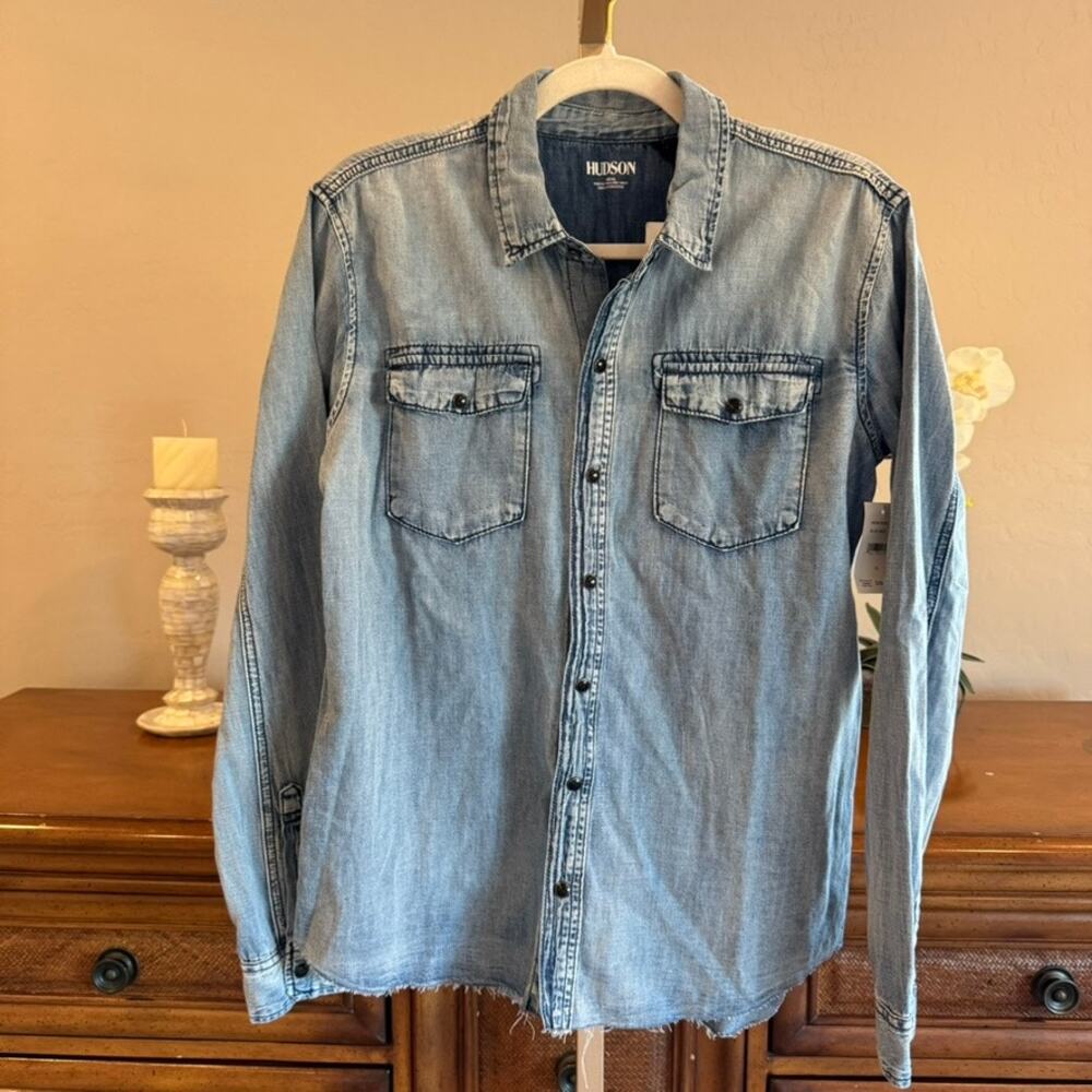 Hudson Boys Easton Denim Shirt Blue Haze Raw Hem Size XL NWT